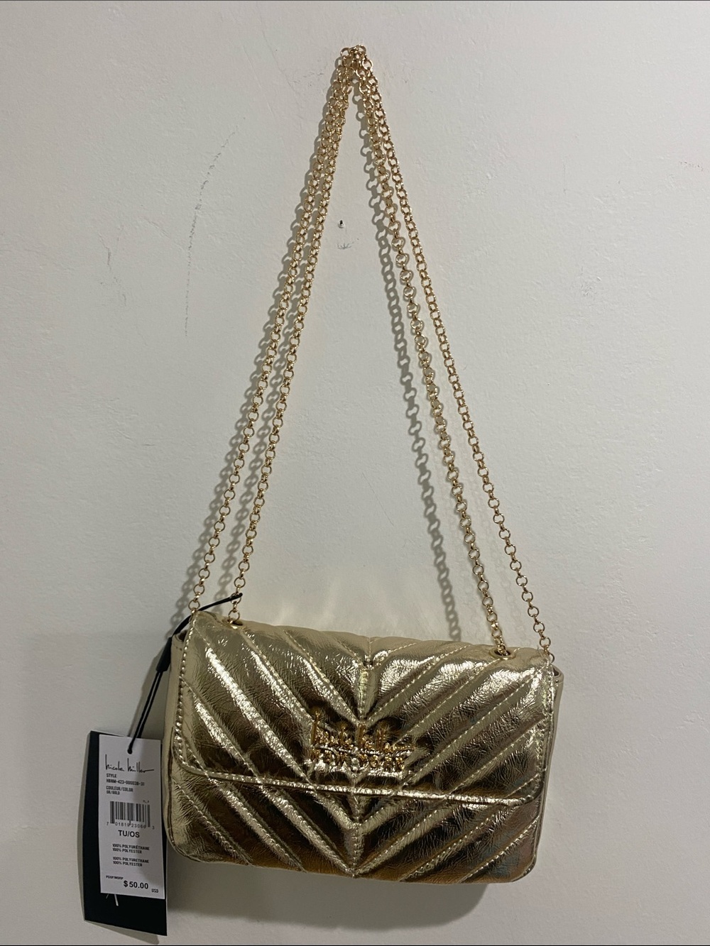 Nicole Miller Metallic Gold Quilted Chain Shoulder Bag